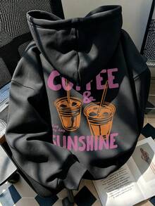 Women's Hooded Sweatshirt, Autumn/Winter New Iced Coffee Pattern And Letter Print, Drawstring Design, With Pockets, Casual Versatile Loose Fit Top, Fashionable Daily Wear - Black - View 10