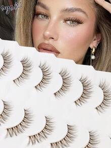 7 Pairs 3D Fluffy Brown Cat Eye Lashes Clear Band Wispy Eyelashes Natural Fake Eyelashes Soft Strip Lashes Lightweight False Eyelash - Brown - View 1