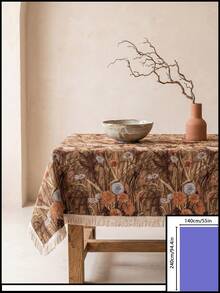 1pc Brown Base Vintage Autumn Floral Plant Print Tablecloth, Retro Natural Style Jacquard Fabric, Rectangular Beige Tassel Edge Detail, Stain-Resistant Desktop Protection Functional Long Tablecloth Suitable For Daily Home And Natural Dining Table Decor Scenes - Brown - View 11