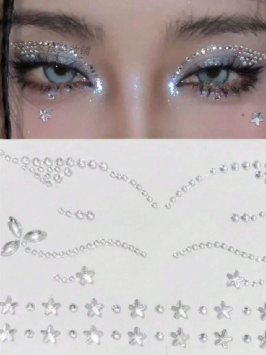 1pc Christmas New Silver Streamlined Rhinestone Round Rhombus Pentagram Face Makeup Sticker, For Face Makeup Decoration, Y2K European American Japanese Universal Style, Face Sticker Shop Exclusive - Silver - View 1