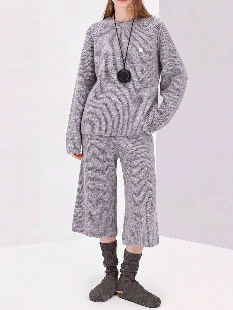 Women's New Casual Minimalist Autumn/Winter Ribbed Knit Sweater And Wide Leg Pants Set, Loose Warm Two Pieces Casual Outfit - Grey - View 1