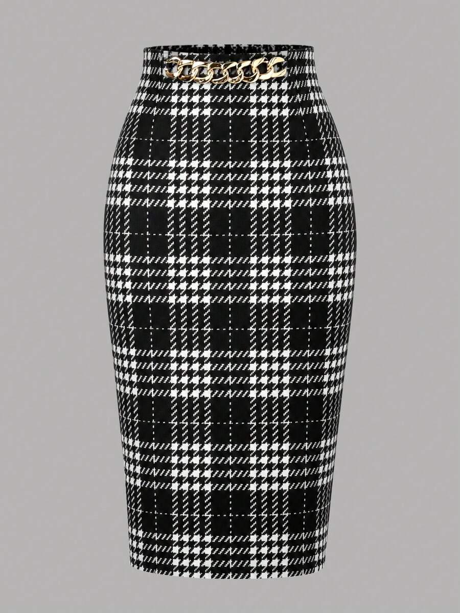 EARO Women's Fashion Plaid Slim Fit Midi Skirt, Decorated With Chain Detail, Slightly Elastic Fabric, Elegant And Versatile - Black and White - View 1