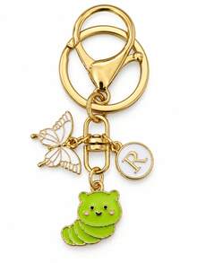 Cute Green Caterpillar Butterfly Letter Keychain, Gold Enamel Bag Charm, Women's Key Ring Gift - Multicolor - View 6