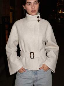 Beige Solid Color Tie-Neck Stand Collar Long Sleeve Elegant Elegant Wool Coat Jacket Top, Suitable For Office Work, Daily Outings, Autumn/Winter - Beige - View 7