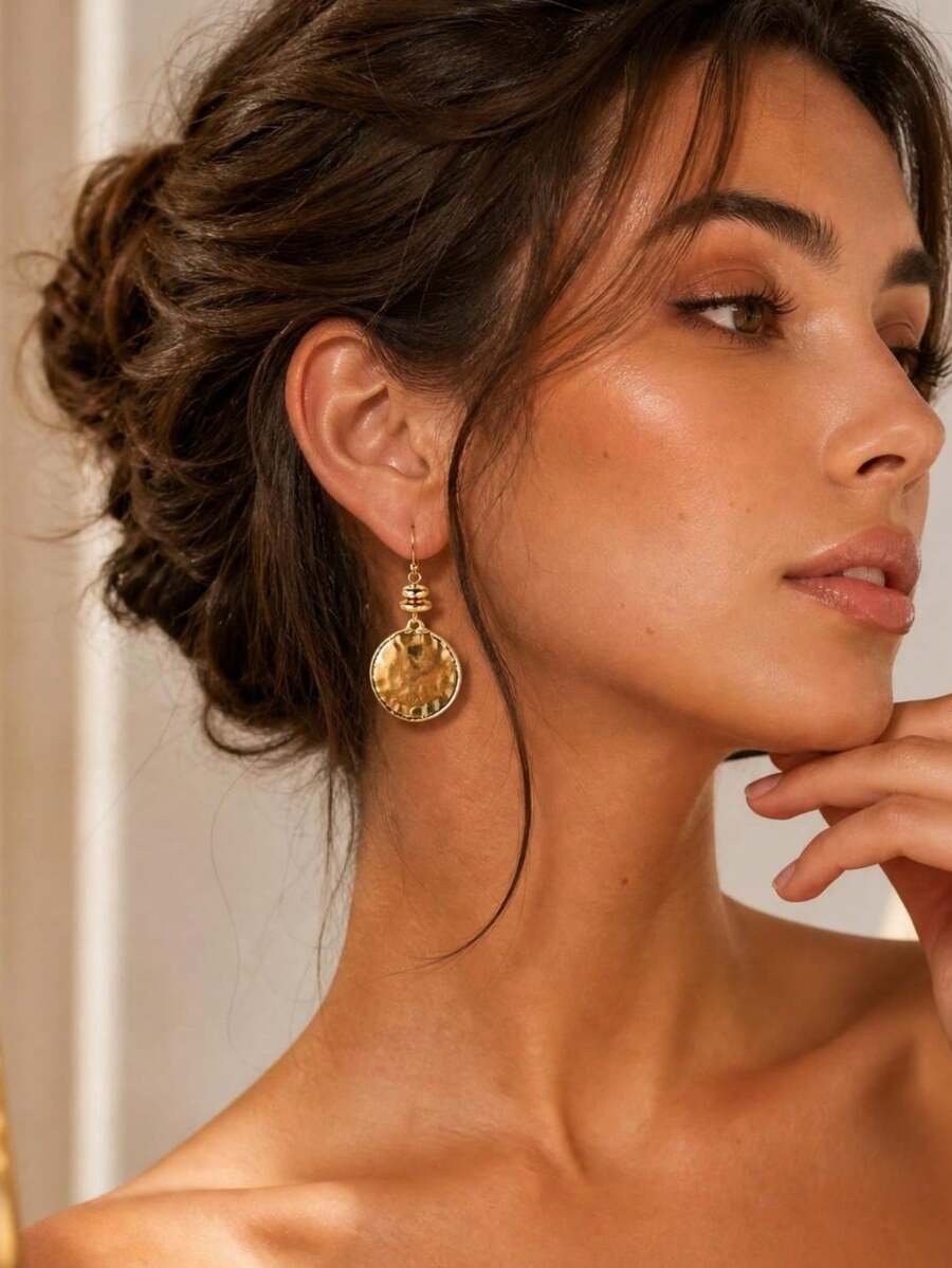1 Pair Women's Bohemian Hammered Disc Dangle Earrings, Vacation Beach Daily Personalized Accessory Gift - Yellow Gold - View 1