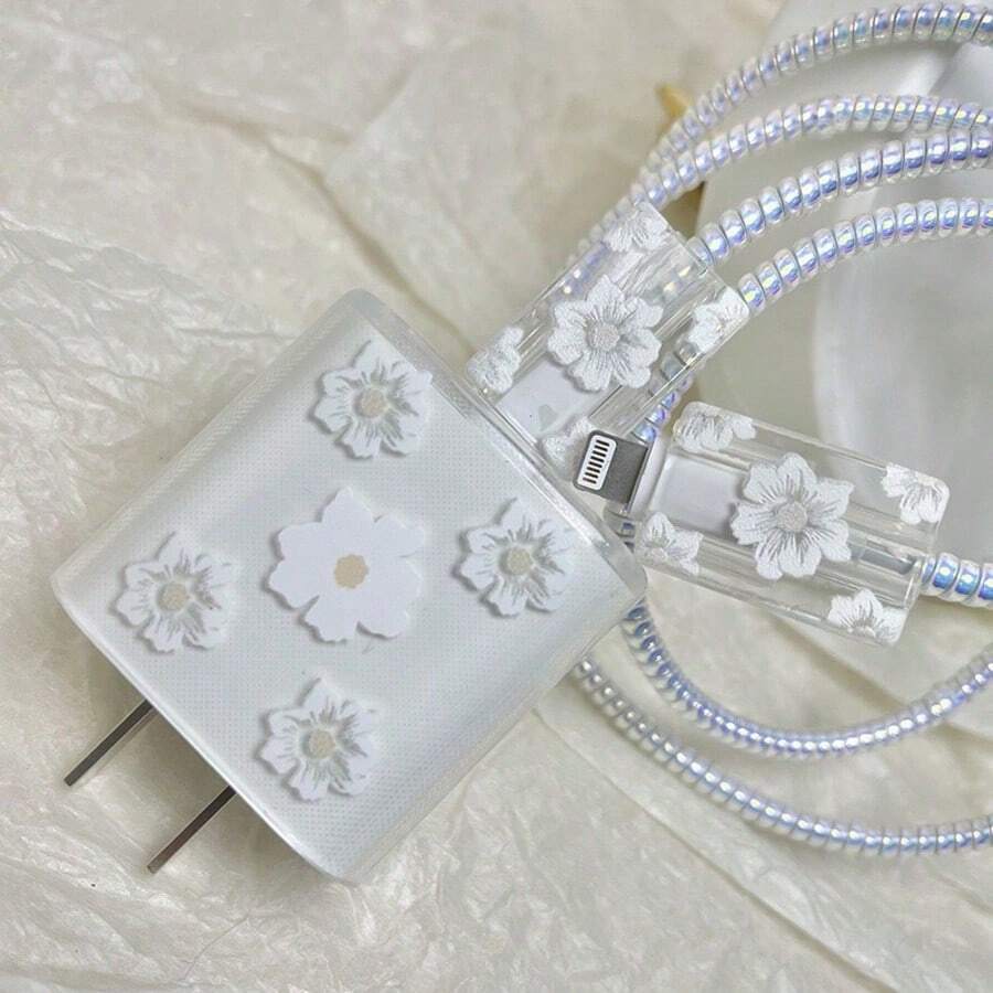Plain White Daisy Design Charger & Cable Protector Set, Durable Apple 18-20W Charging Cable Protective Shell, Anti-Breakage Cable Organizer - Multicolor - View 1