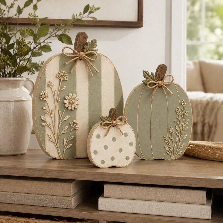 New Wildflower Pumpkin Figurine Wooden Craft Trio - 1PC - View 1