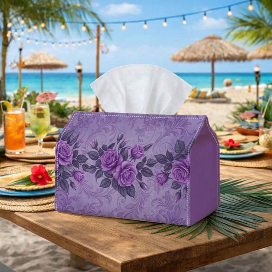 1pc Tissue Box, Purple Rose Pattern - Elegant Floral Background, 2 Sizes Available, Durable Decorative Storage Box, Suitable For Kitchen, Living Room, Bedroom, Car - Multi-Functional Holiday Home Decor, Ideal For Desktop Or Shelf Display