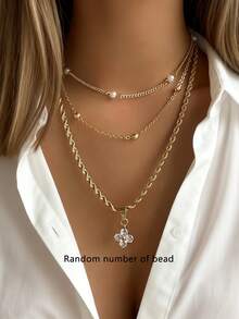 3pcs Cubic Zirconia Inlaid Clover Pendant With Pearl Multi-Layer Necklace Set, Suitable For Women's Dating, Party, Gathering Layering - Yellow Gold - View 1