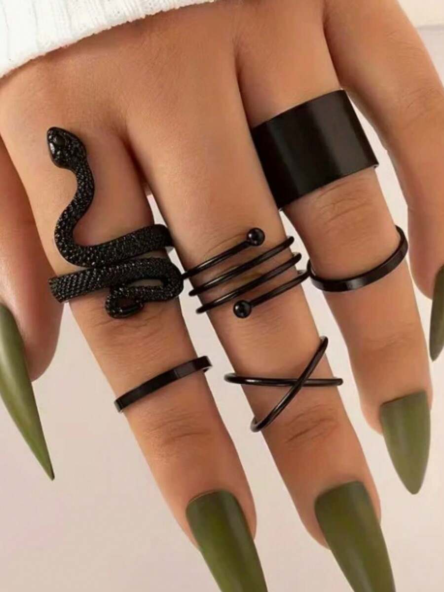 6pcs Black Gothic Punk Minimalist Snake Hollow Ring Set Fashion Personalized Jewelry Gift Suitable For Men Women Holiday Party Daily Wear Exquisite Gift - Multicolor - View 1