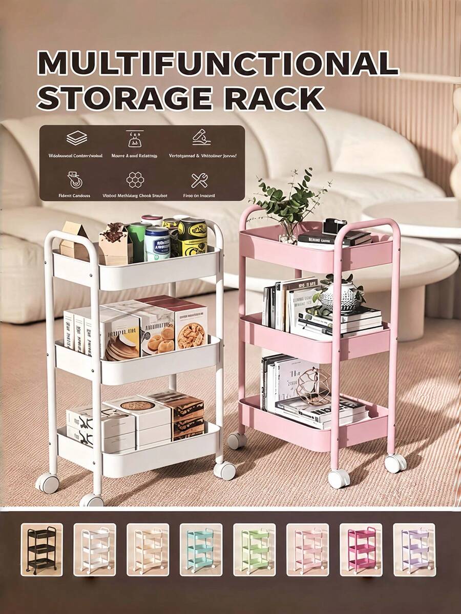 1 Pack 3-4Tier Heavy-Duty Metal Rolling Utility Cart, Modern Solid Color Freestanding Mobile Storage Organizer Trolley With Raised Edge For Kitchen Bathroom Living Room Office, Christmas Thanksgiving Home Organization Gift