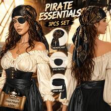 3pcs Pirate Costume Accessories Set, Satin Pirate Bandana, Belt And Eye Patch, Red/Black Pirate Costume Set, Unisex, Halloween Cosplay, Renaissance Festival And Costume Party - Multicolor - View 1