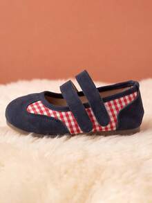 Infant Soft Sole Mary Jane Flats, Navy Suede Plaid Patchwork, Double Hook And Loop Round Toe Non-Slip Baby Shoes - Navy Blue - View 5