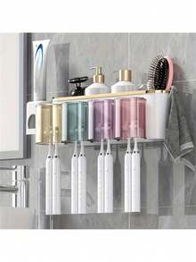 1 Set Multi-Function Toothbrush Holder And Cup Rack, Wall-Mounted Toothpaste & Mouthwash Storage Organizer, With Toothpaste Squeezer, Bathroom Accessories, Excluding Toothbrush Holder (Toothpaste Dispenser Not Included) Bathroom Accessories - Random Color Cup - View 17