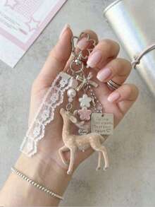 Fawn Keychain Pendant Lace Pearl Bow Bag Charm Korean Sweet Clover Backpack Chain Y2K Girly Gift - Apricot - View 4