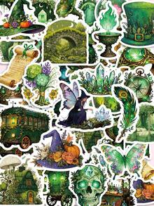 56Pcs Green Forest Magical Witch Mixed Stickers, Fresh Watercolor Texture, Fantasy Patterns Including Magic Carriages, Deer Antler Spirits, Ancient Spell Books And Flower Butterflies, For Laptop, Helmet, Guitar, E-Bike Shell Decoration - Multicolor - View 10