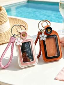 PU Material Keychain Set, Handheld Key Pouch With Cherry Blossom Charm, Car Key Protector, Key Cover, Leather Car Key Case, Key Chain Pendant, Effectively Prevents Scratches, Wear And Impact, Universal PU Car Key Cover, Remote Key Protector, Suitable For Multiple Car Key Covers - Multicolor - View 1