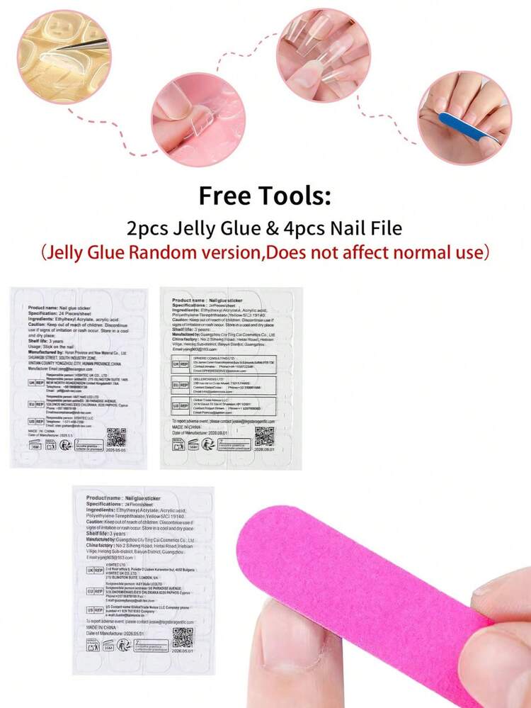 720pcs (24 Mixed Styles) Long Almond-Shaped Press-On Nails, Macaron Color Gradient Design Acrylic False Nails Set. Includes 4 Jelly Glue Pads And 2 Nail Files. - Multicolor - View 9