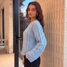 Women's Light Blue Cable Knit Short Pullover Sweater, Long Sleeve Regular Hem Winter Top - Blue - View 2