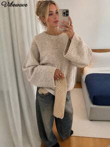 VIBEWAVE Halloween Light Gray American Vintage Home Casual Crew Neck Sweater, Autumn/Winter Slouchy Drop Shoulder Loose Wide Sleeve Premium Knit Top - Apricot - View 2