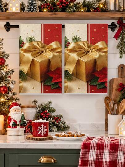 2 pcs Serbet Dapur Motif Kotak Kado Emas Natal dan Ranting Pinus Merah, Serbet Tangan Liburan Vintage Farmhouse Garis Merah, Dekorasi Rumah Musim Dingin