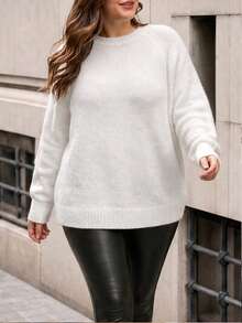 Women's Plus Size Cream Round Neck Ribbed Drop Shoulder Long Sleeve Knit Sweater, Comfortable Casual Y2K Fashion Style, Suitable For Halloween, Christmas, New Year, Autumn/Winter Season - White - View 4