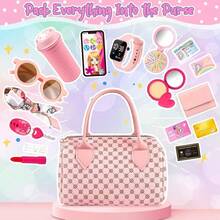Carteira de Brinquedo para Meninas, Carteira de Criança, Inclui Maquiagem de Mentira, Conjunto de Brinquedo de Princesa, Contendo Bolsa, Telefone, Relógio, Lenço, Carteira de Brinquedo para Crianças, Presente de Aniversário, Adequado para Meninas de 3, 4, 5, 6 Anos e Acima - Rosa chiclete - Visão 3