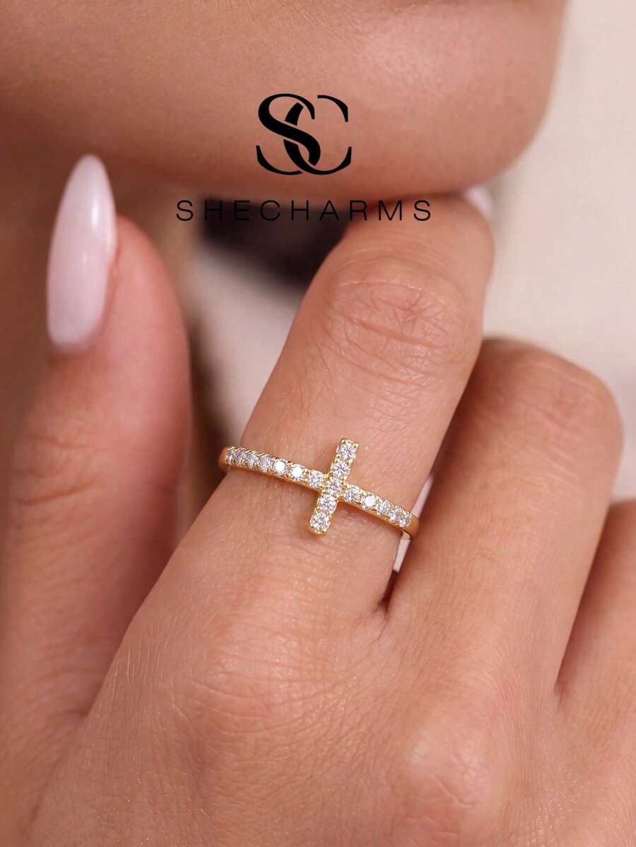 1pc Fashion S Zirconia Cross Adjustable Ring, Exquisite Jewelry Gift For Girls