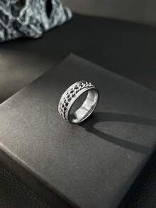 Street Hip-Hop Men Ring, Stainless Steel, Rotatable Chain Texture Band, Cool Jewelry For Men Daily Wear - Silver - View 2