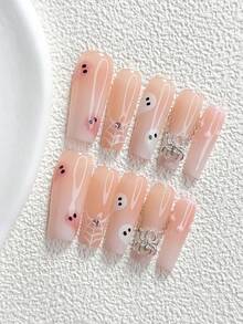 10件組萬聖節主題可愛手作穿戴甲，Polygel美甲套組，蜘蛛圖案，粉色指甲油，秋季萬聖節風格，3種尺寸可選，杏仁形、鴨嘴形、棺材形，適合派對、舞會、日常配戴（手工細節可能有所不同） - 彩色 - 查看 14