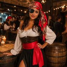 3pcs Pirate Costume Accessories Set, Satin Pirate Bandana, Belt And Eye Patch, Red/Black Pirate Costume Set, Unisex, Halloween Cosplay, Renaissance Festival And Costume Party - Multicolor - View 6