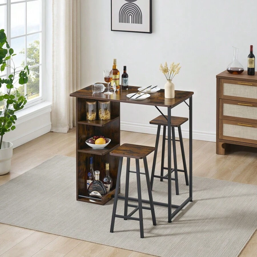 3-Piece Bar Table & Chairs Set For 2 With 3-Tier Storage Shelves – Space-Saving Counter Height Dining Table For Small Apartment, Kitchen, Or Living Room - Black - View 1