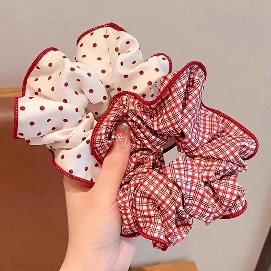 2026 Latest Style 3 PiecesEveryday Hair Scrunchie Set For Women And Girls, Vintage Sweet Gingham, Polka Dot And Cherry Print Hair Ties, Voluminous
