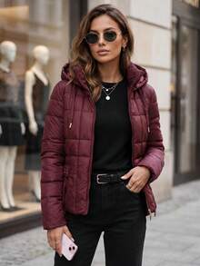 Women's Quilted Hooded Jacket Detachable Drawstring Hood Zip Front Regular Fit - Burgundy - View 4