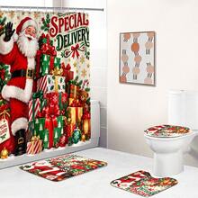 1 buah/4 buah Set Tirai Mandi Multifungsi Motif Kado Santa Claus, Gratis 12 Pengait, Suasana Liburan Premium, Keset Kamar Mandi, Karpet Berbentuk U dan Penutup Toilet Bulat, Cocok untuk Semua Suasana, Set Kamar Mandi - Hadiah Santa - View 6