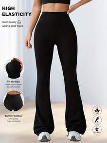 1pc Women's Solid Color Flare Pants, High Elasticity Comfortable Fabric, Anti-Wrinkle, Stretchy Tight-Fitting Sports Pants - Black - View 5