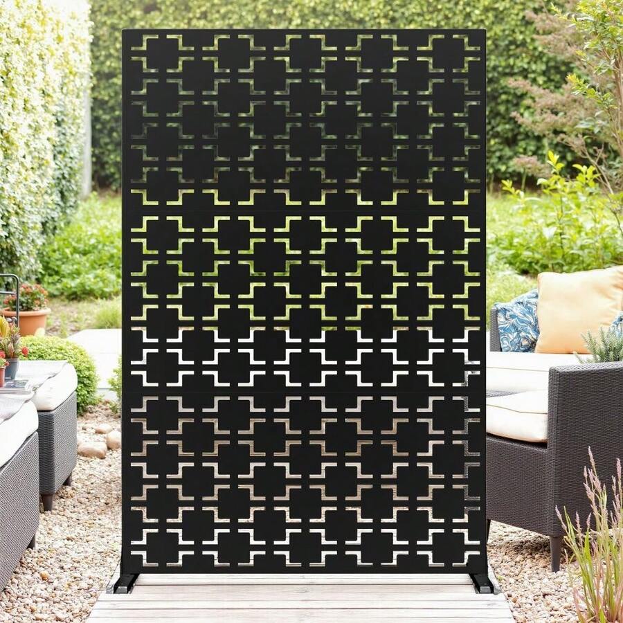 Freestanding Metal Decorative Privacy Screen With Stand – 183x120cm Galvanized Steel Outdoor Divider For Patio, Balcony & Backyard - Square - Black - View 1