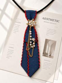 1pc Women's Denim Lace Pearl Accessory Fashion Personalized Office White Collar Neck Tie - Multicolor - View 8