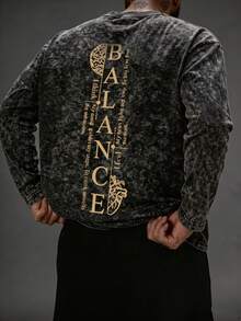 男士春夏/秋冬時尚百搭極簡「BALANCE」英文線條心臟與大腦印花圓領仿水洗長袖T恤 - 黑色 - 查看 1