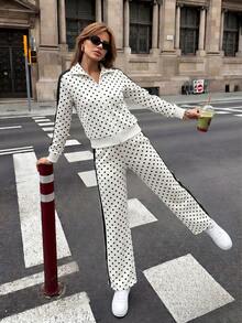 Polka Dot Colorblock Zip-Up Cardigan Two Pieces Set, Lapel Long Sleeve Top & Wide Leg Pants Women Casual Sports Outfit - Multicolor - View 1