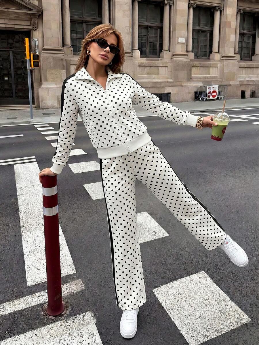 Polka Dot Colorblock Zip-Up Cardigan Two Pieces Set, Lapel Long Sleeve Top & Wide Leg Pants Women Casual Sports Outfit - Multicolor - View 1