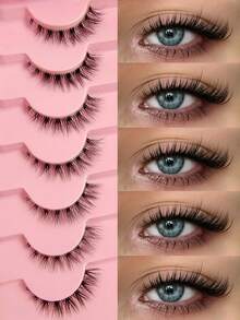 Asiteo 7 Pairs Natural Cat Eye False Eyelashes, Transparent Lash Band, Create Cat Eye Makeup Effect, Short & Thin, Soft & Lightweight Natural, Small Cat Eye Style, Suitable For Daily & Party Makeup, Beginner Friendly - Black - View 1
