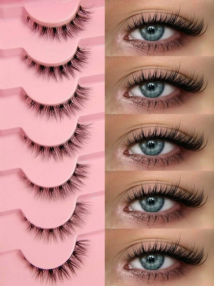 Asiteo 7 Pairs Natural Cat Eye False Eyelashes, Transparent Lash Band, Create Cat Eye Makeup Effect, Short & Thin, Soft & Lightweight Natural, Small Cat Eye Style, Suitable For Daily & Party Makeup, Beginner Friendly - Black - View 1