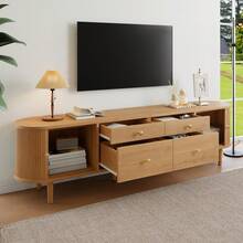 TV Stand With Rounded Edges, 3D Wave-Shaped Structure, Sliding Doors, 4 Drawers, Wooden Legs, And Metal Handles. - Natural + MDF + Particle Board - View 9