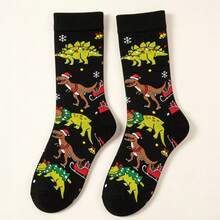 1 Pair 40cm Christmas Dinosaur Fun Mid-Calf Socks, Cartoon Jacquard Pattern, Soft & Skin-Friendly, Personalized Holiday Outfit Accessory - Black - View 4