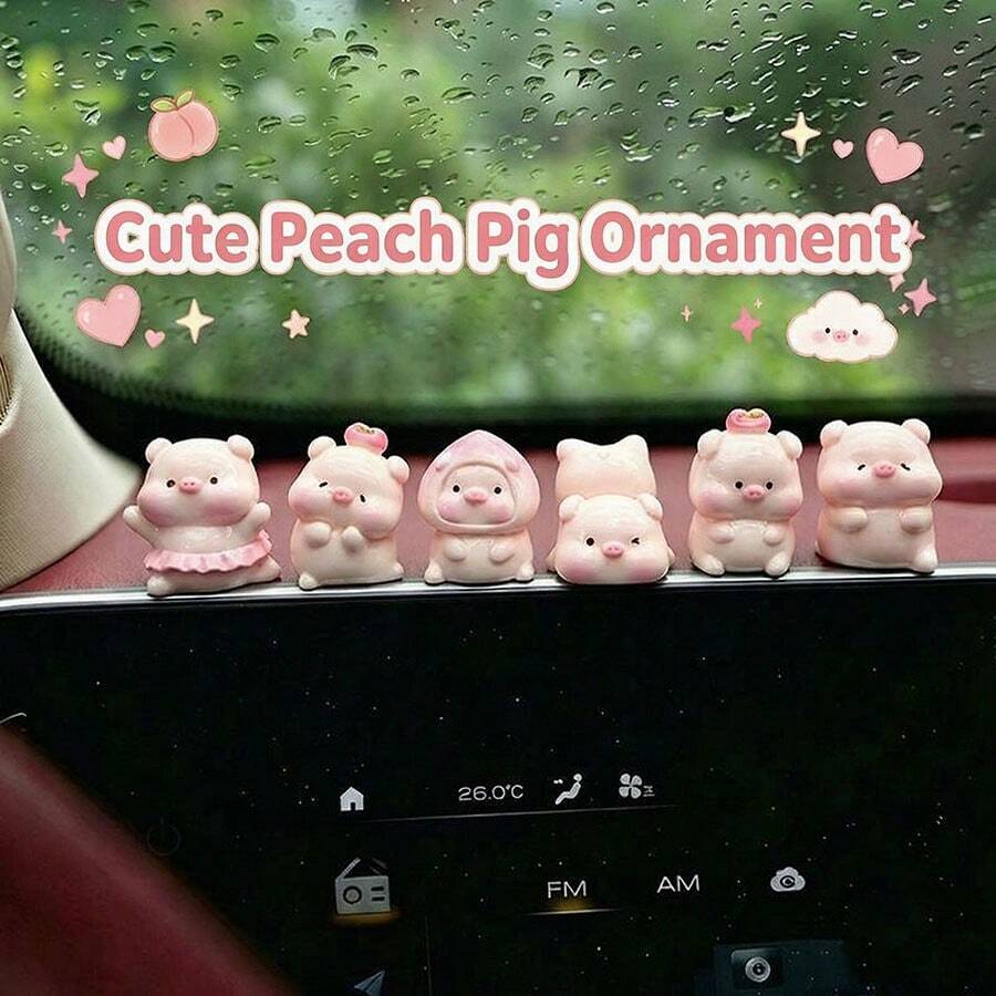 6pcs Creative Cute Ballet Peach Pig Car Desktop Ornament/DIY Healing Office Decor Mini Desktop Car Figurine - Peach Piggy - View 1