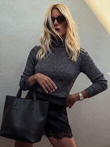 Sweater Turtleneck Bergaris Berkilau Berpayet untuk Wanita, Atasan Rajut Lengan Panjang Slim Fit, Hitam - Hitam - View 9