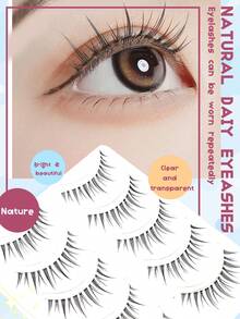 5 Pairs Japanese Manga Style Pointed Tail Ultra-Fine Black Stem False Eyelashes, Natural Sweet Fresh Soft Lightweight Realistic Eyelashes, Portable For Dating And Travel - Black - View 3