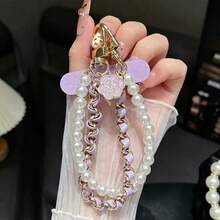 1ins Style Handheld Phone Chain Short Pearl Double Chain Fashion High-End Celebrity Hanging Chain Bag Keychain USB Drive Decoration Anti-Lost Lanyard Leather Metal Chain Women Wrist Strap Clip Shell - Multicolor - View 7