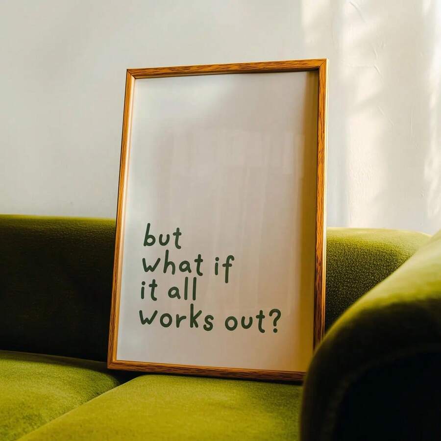 1pc But What If It All Works Out Wall Art, Minimalist Affirmation Print, Green Quote Poster, Motivational Typography Decor, Therapy Office Art - Word - View 1